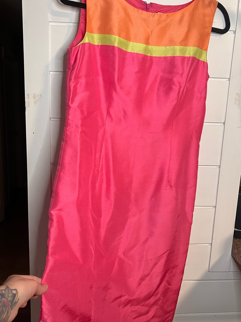 Victoria Holley Vintage 100% Raw Silk Colorblock Sheath Dress Pink Orange Sz 4